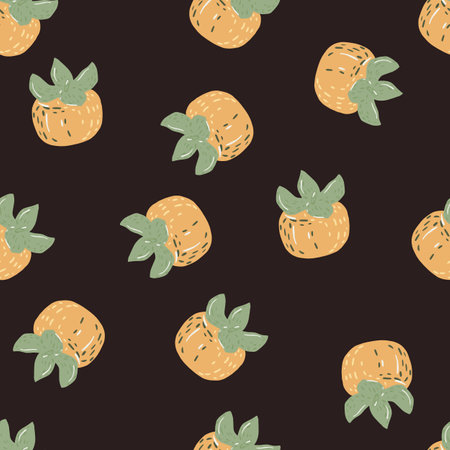 Seamless fall pattern with pale green and orange tones persimmons shapes. Brown background. Great for fabric design, textile print, wrapping, cover. Vector illustration.のイラスト素材