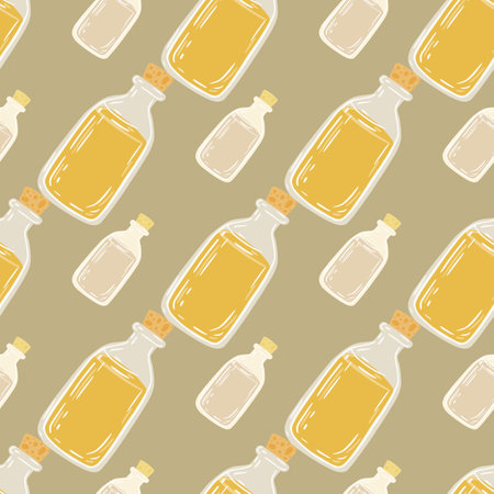 Seamless doodle pattern with yellow oil bottle ornament. Beige background. Healthy medicine backdrop. Perfect for fabric design, textile print, wrapping, cover. Vector illustration.のイラスト素材