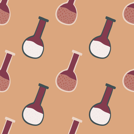 Cartoon seamless doodle pattern with maroon flask ornament. Beige background. Great for fabric design, textile print, wrapping, cover. Vector illustration.のイラスト素材