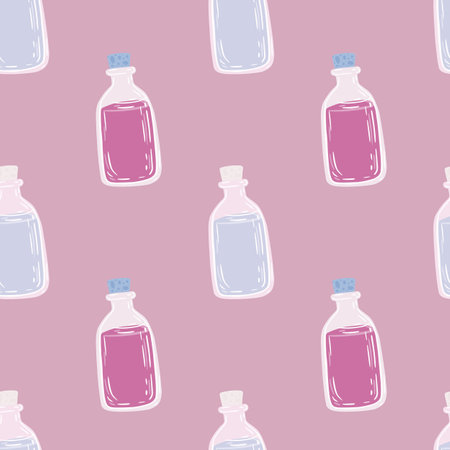 Minimalistic seamless pattern with hand drawn essential oil bottle ornament. Pink and blue pastel tones artwork. Perfect for fabric design, textile print, wrapping, cover. Vector illustration.のイラスト素材