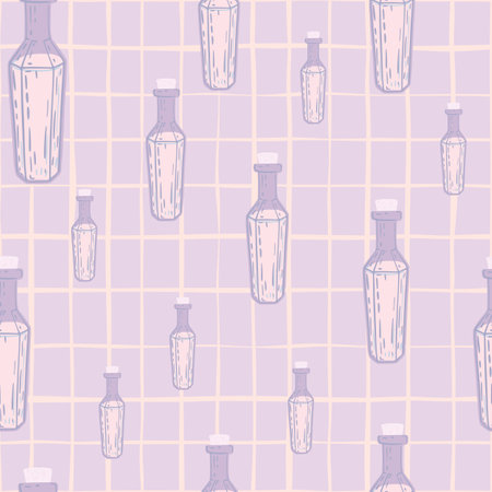 Random seamless pattern in paste tones with light potion bottle shapes on checkered background. Designed for fabric design, textile print, wrapping, cover. Vector illustrationのイラスト素材