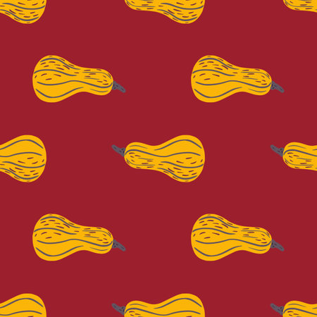Vegetarian seamless vegie pattern with orange pumpkin shapes. Maroon background. Perfect for fabric design, textile print, wrapping, cover. Vector illustrationのイラスト素材