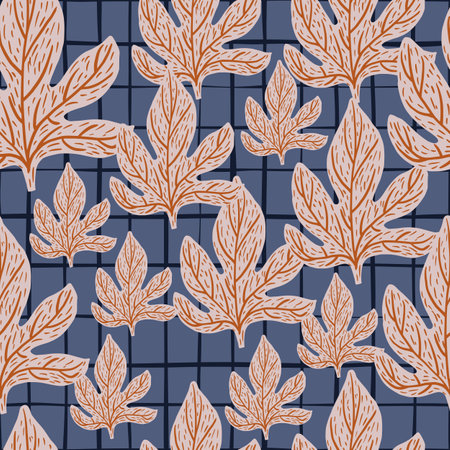 Random botanical seamless pattern with gray leaf shapes. Blue checkered background.  Vector illustrationのイラスト素材