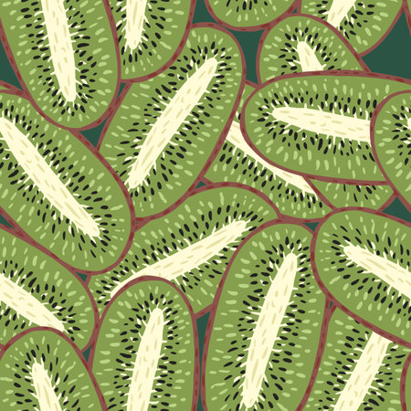 Abstract food seamless pattern with green kiwi simple shapes. Organic fruit backdrop. Vector illustration.のイラスト素材