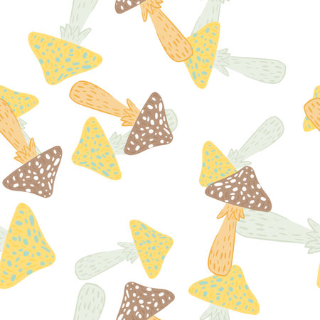 Isolated simple seamless pattern with gray and orange pastel magic mushrooms. White background.  Vector illustration.のイラスト素材