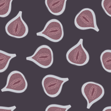 Minimalistic dark fruit seamless pattern with fig silhouettes. Pale tropical food backdrop.  Vector illustration.のイラスト素材