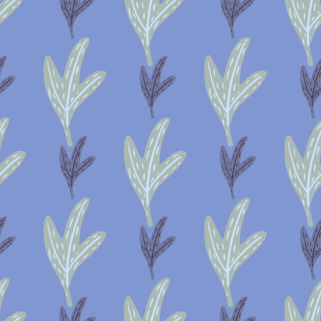 Gray tones hand drawn leaves seamless pattern. Nature botanical backdrop with blue background.  Vector illustration.のイラスト素材