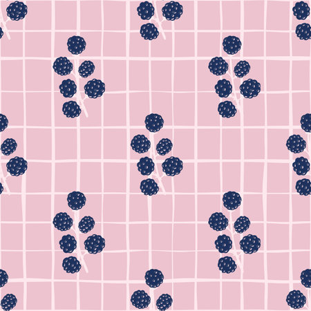 Hand drawn navy blue blackberry ornament seamless pattern. Pastel pink checkered background. Vector illustrationのイラスト素材
