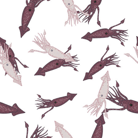Isolated seamless pattern with hand drawn beige and brown colored squids. White background.  cover. Vector illustrationのイラスト素材