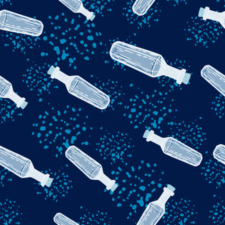Random seamless pattern with blue hand drawn bottles silhouettes. Navy blue background with splashes. Vector illustrationのイラスト素材