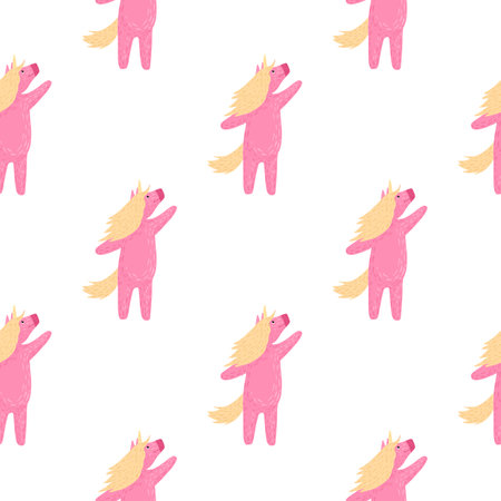 Isolated seamless childish pattern with funny unicorn pink silhouettes, White background. Decorative backdrop for fabric design, textile print, wrapping, cover. Vector illustrationのイラスト素材