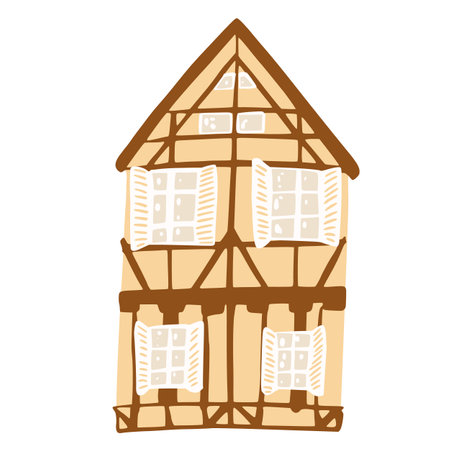 Traditional cottage isolated on white background. Cartoon sketch hand drawn house. Doodle vector illustration.のイラスト素材