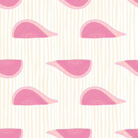 Pink colored fig slices seamless hand drawn pattern. Bright food print on light striped background.  Vector illustration.のイラスト素材