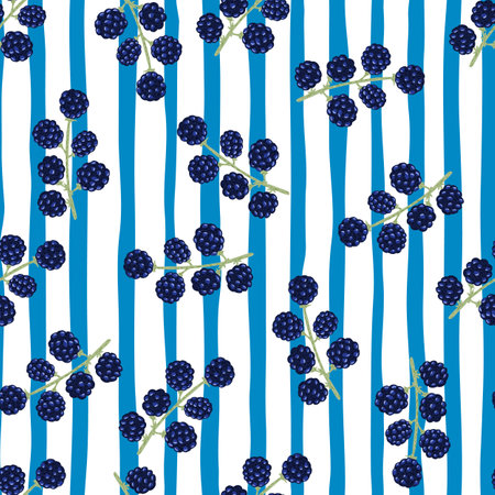 Random navy blue blackberry ornament seamless pattern. Blue and white striped background. Vector illustrationのイラスト素材