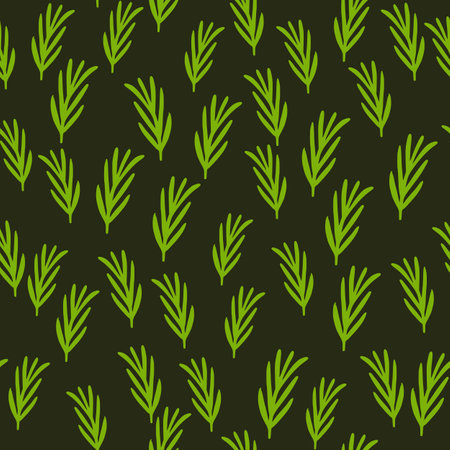 Cartoon seamless herbal pattern with green rosemary ornament. Dark background.のイラスト素材