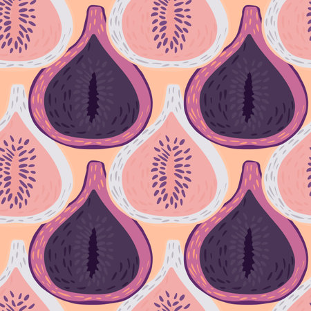 Doodle fruits seamless pattern with fig purple and pink ornament. Orange pastel background. Vector illustration.のイラスト素材