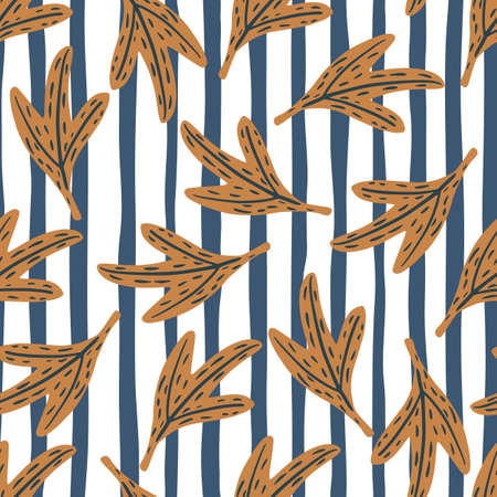 Fall seamless doodle pattern with orange falling foliage print. Leaves ornament on white and blue striped background. Vector illustration.のイラスト素材
