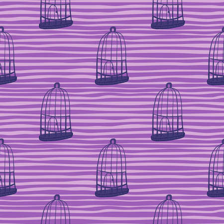 Cartoon seamless pattern with doodle bird cage silhouettes. Purple striped background. Decorative backdrop for fabric design, textile print, wrapping, cover. Vector illustration.のイラスト素材