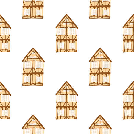 Doodle brown house ornament seamless isolated pattern. White background. Cartoon print. Perfect for fabric design, textile print, wrapping, cover. Vector illustration.のイラスト素材