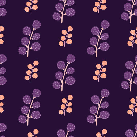 Vitamin seamless pattern with doodle blackberry print. Purple and orange colored food backdrop....