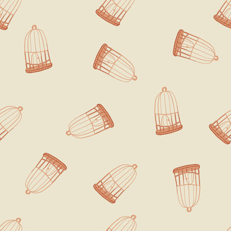 Random seamless pattern with orange bird cage contoured print. Light pastel background. Decorative backdrop for fabric design, textile print, wrapping, cover. Vector illustration.のイラスト素材