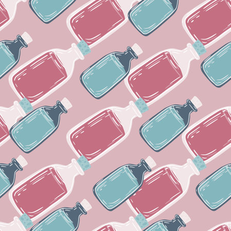 Lab liquid bottles ornament seamless pattern. Doodle elements in pink and blu colors. Perfect for fabric design, textile print, wrapping, cover. Vector illustration.のイラスト素材
