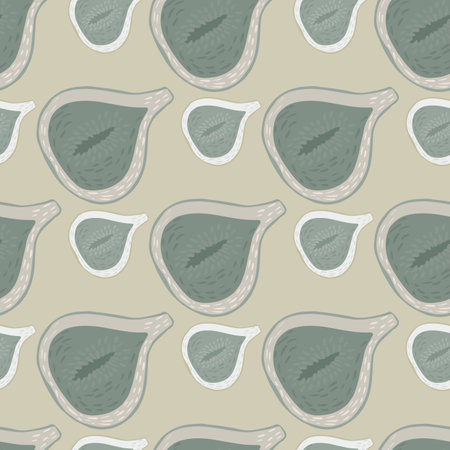 Cartoon seamless pattern with simple green fig shapes. Beige pastel background. Perfect for fabric design, textile print, wrapping, cover. Vector illustration.のイラスト素材