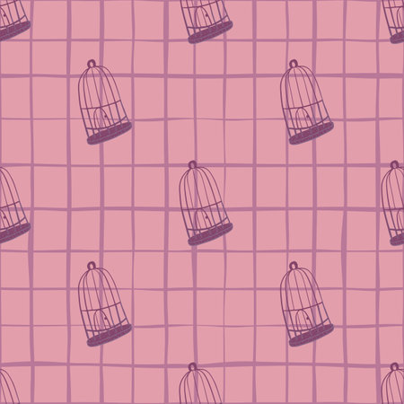 Scrapbook seamless pattern with purple bird cage contour ornament on pink checkered background. Decorative backdrop for fabric design, textile print, wrapping, cover. Vector illustration.のイラスト素材