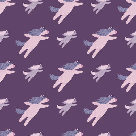 Fairytal seamless pattern with funny baby unicorn silhouettes. Purple pastel background. Decorative backdrop for fabric design, textile print, wrapping, cover. Vector illustrationのイラスト素材