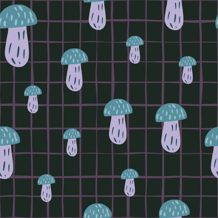 Random seamless pattern with blue abstract mushroom elements. Dark checkered background. Designed for fabric design, textile print, wrapping, cover. Vector illustration.のイラスト素材