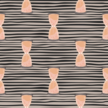 Orange hourglass silhouettes seamless simple pattern. Clock print with brown striped background....
