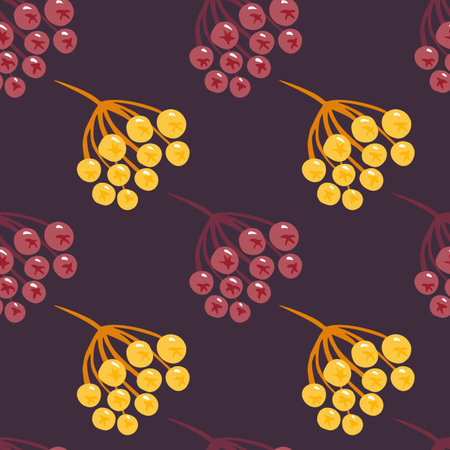 Cartoon seamless pattern with pink and yellow sorbus berries silhouettes. Purple background. Great for fabric design, textile print, wrapping, cover. Vector illustrationのイラスト素材