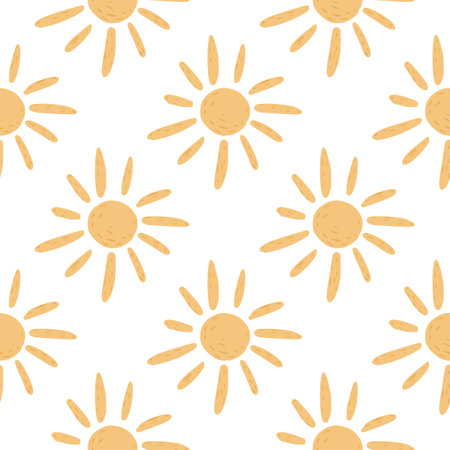 Seamless doodle pattern with ethnic sun silhouettes. Isolated print with orange ornament. Decorative backdrop for fabric design, textile print, wrapping, cover. Vector illustration.のイラスト素材