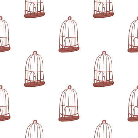 Isolated seamless pattern with pale red bird cage contoured silhouettes. White background. Decorative backdrop for fabric design, textile print, wrapping, cover. Vector illustration.のイラスト素材