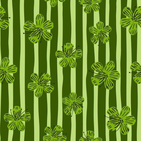 Abstract botanic seamless pattern with green hand drawn flowers ornament. Striped background.のイラスト素材
