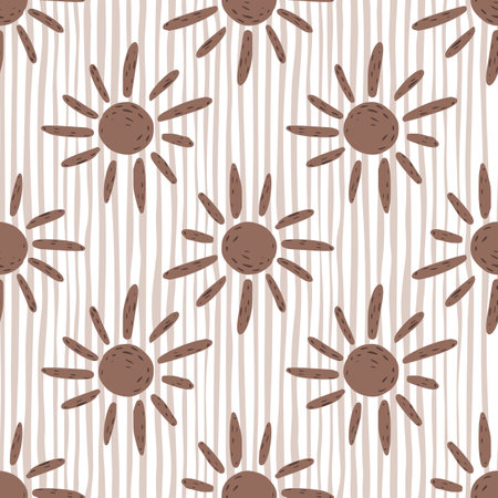 Seamless pattern with brown ethnic sun ornament. Light striped background. Weather artwork in simple style.のイラスト素材