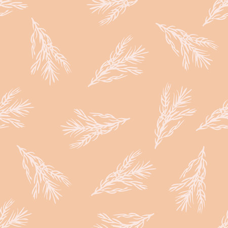 Random seamless pattern with white rosemary branches elements. Pink pastel background. Perfect for fabric design, textile print, wrapping, cover. Vector illustration.のイラスト素材