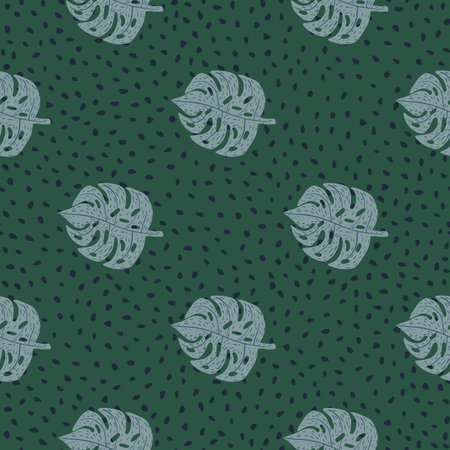 Vintage seamless nature pattern with blue monstera shapes on green dotted background. Creative design. Great for fabric design, textile print, wrapping, cover. Vector illustration.のイラスト素材