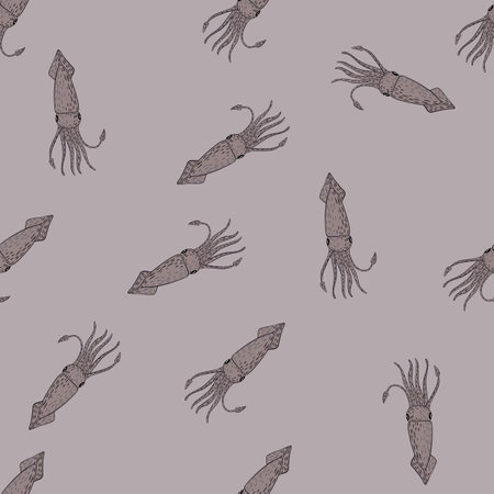 Random seamless pattern with underwater seafood squids ornament. Gray background. Perfect for wallpaper, textile, wrapping paper, fabric print. Vector illustration.のイラスト素材