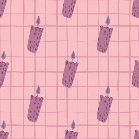 Purple doodle candles seamless pattern in hand drawn style. Pink checkered background. Decorative backdrop for wallpaper, textile, wrapping paper, fabric print. Vector illustration.のイラスト素材