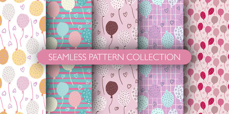 Set of seamless pattern with balloons and hearts ornament. Cute holidays print collection. Pastel colors. Perfect for wallpaper, textile, wrapping paper, fabric print. Vector illustration.のイラスト素材