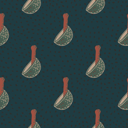 Dark kitchen seamless pattern with hand drawn mortar and pestle ornament. Turquoise background. Perfect for wallpaper, textile, wrapping paper, fabric print. Vector illustration.のイラスト素材