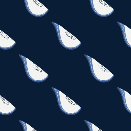Abstract food seamless pattern with blue colored fig shapes print. Dark navy blue background....