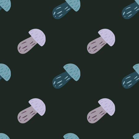 Contrast dark seamless pattern with purple and blue mushroom elements. Black background. Designed for fabric design, textile print, wrapping, cover. Vector illustration.のイラスト素材
