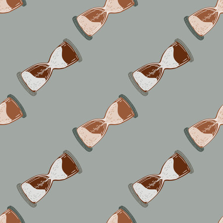 Brown hourglass silhouettes doodle seamless pattern. Pastel blue background. Time retro clock print....
