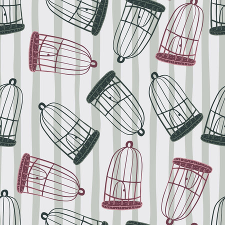 Hand drawn vintage seamless pattern with random doodle green and purple bird cage on striped background. Perfect for fabric design, textile print, wrapping, cover. Vector illustration.のイラスト素材