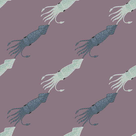 Cartoon wildlife seamless pattern with simple squid ornament. Pale purple background. Perfect for wallpaper, textile, wrapping paper, fabric print. Vector illustration.のイラスト素材