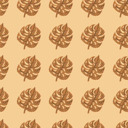 Autumn tones exotic foliage seamless pattern with brown monstera shapes. Light orange background. Great for fabric design, textile print, wrapping, cover. Vector illustration.のイラスト素材