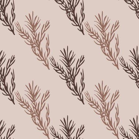 Brown and beige rosemary silhouettes seamless herbal pattern. Pale pink background. Food spice backdrop. Perfect for fabric design, textile print, wrapping, cover. Vector illustration.のイラスト素材