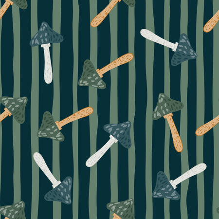 Nature forest seamless pattern with blue and green colored mushroom ornament. Striped background. Great for fabric design, textile print, wrapping, cover. Vector illustration.のイラスト素材
